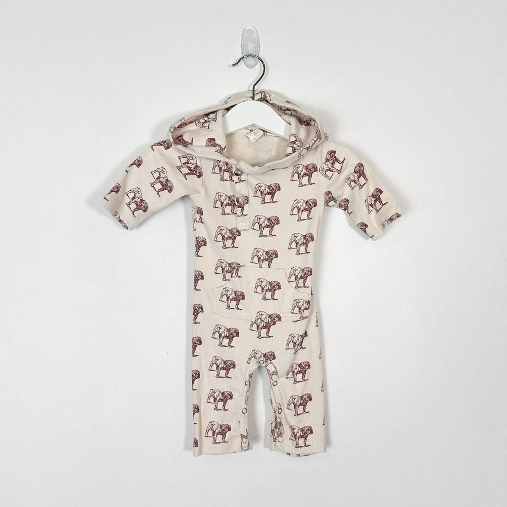 Kate Quinn Beige Bulldog Hooded Bodysuit 3-6m Organic Cotton